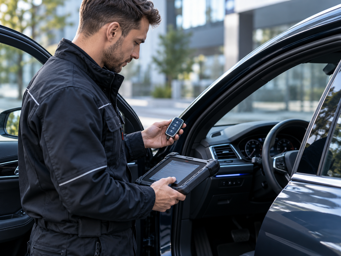 Techniker programmiert einen Autoschlüssel mit einem Diagnosegerät direkt am Fahrzeug